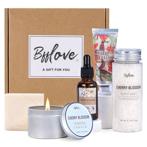 Bath Gift Sets for Women, Spa Gift Set, Care Packeage for Her, 5Pcs Cherry Blossom Pamper Gifts Includes Massage Oil, Scented Candle, Bath Salt, Hand Cream, Soap, Mum Birthday Gifts Mothers Day Gifts
