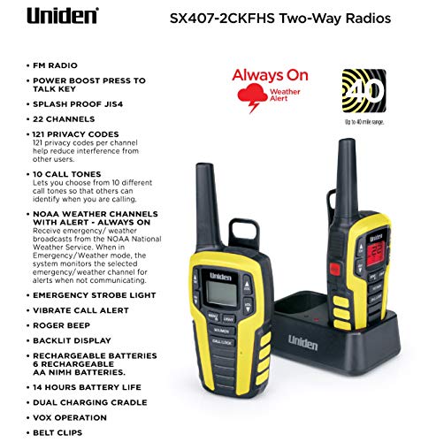 Uniden Sx407-2Ckfhs, Up To 40 Mile Range, Emergency Two-Way Radio Walkie Talkies, Built-In Fm Radio, Led Flashlight & Strobe Light, Noaa Weather Alerts, Includes 2 Headsets & Dual Charging Cradle #TOP4