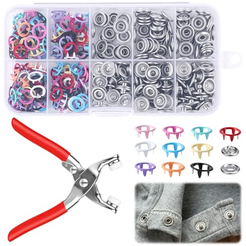 100 Sets Metal Snap Buttons Kit with Fastener Pliers Press Tool, 9.5mm Snap Fasteners for DIY Crafts, Clothing, Hats, Sewing, and Fabric Projects (Multicolor)