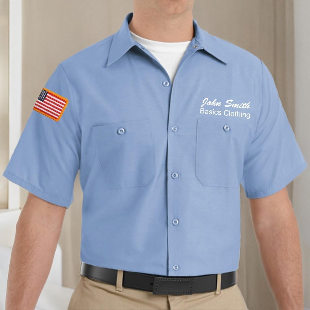 Red Kap Custom Men's SP24 Short Sleeve Industrial Solid Work Shirt with Name Embroidery and American Flag Patch