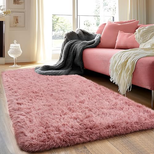 Runner Rugs for Bedroom 2x6 Rug Runners for Hallways Non Slip Soft Shag Bedside Rug, Fluffy Area Rug Throw Rugs for Living Room, Floor Carpet Runner for Nursery Kids Dorm, Blush