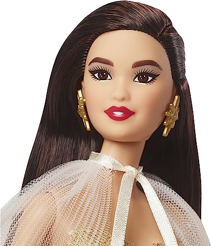 Barbie Signature 2023 Holiday Doll, Black Hair Wearing Golden Gown, Collectible with Doll Stand & Certificate of Authenticity