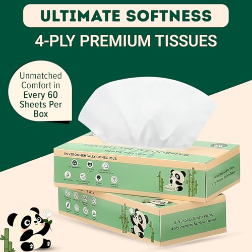 Image of MOTHER EARTH Bamboo Facial Tissue Paper - 4 Ply Tissue Flat Box, Lint-Free, Hypoallergenic, Septic-Safe, Unscented, 60 Sheets per Box, 6 Pack, Total 360 Tissues