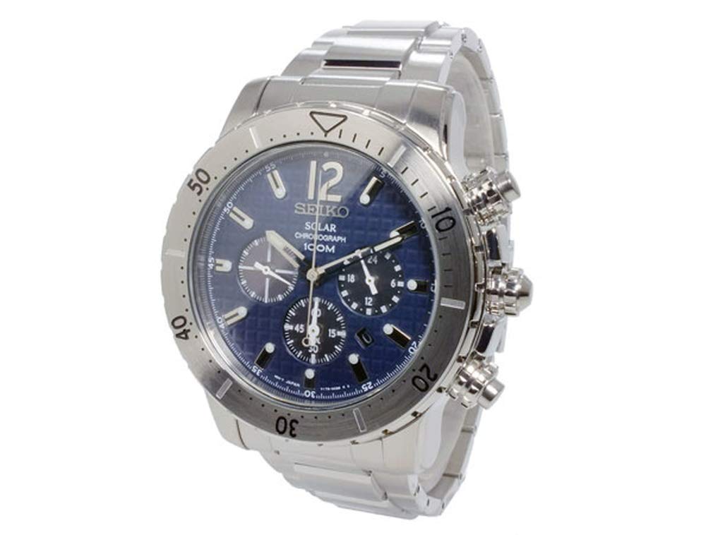 Depan view of the Seiko Solar Chronograph Watch SSC221P1 with a blue dial, silver case, and stainless steel bracelet.
