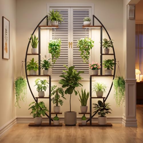 Image of BACEKOLL Plant Stand Indoor with Grow Lights, 6 Tiered Tall Plant Shelf, 63 inch Metal Plant Stand for Indoor Plants Multiple, Half-Moon Plant Rack Display Shelf, 2 Pcs Plant Holder for Living Room, Patio
