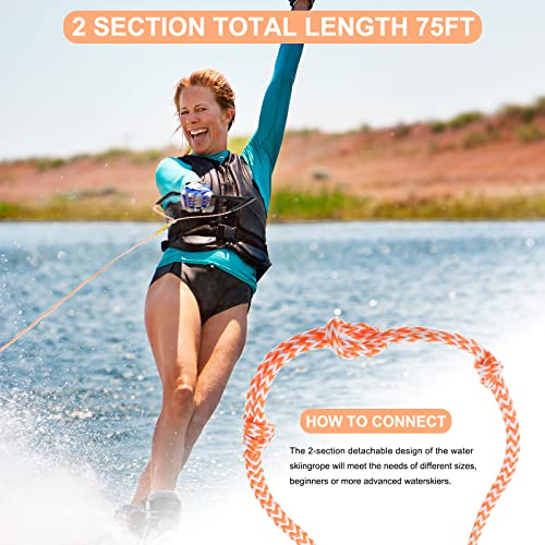 SearQing 2 Section Floating Ski Rope, 75ft 16 Strand Wakeboard Rope with EVA Handle for Water Skiing, Wakeboarding and Kneeboarding Boats Floats Skis (Orange White)