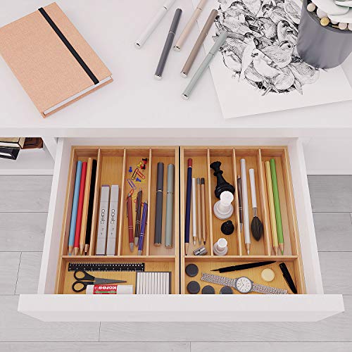 BAMEOS Utensil Drawer Organizer, Cutlery Tray Desk Drawer Organizer Silverware Holder Kitchen Knives Tray Drawer Organizer, 100% Pure Bamboo Cutlery in Natural Color (9.76)