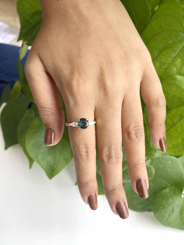 Miniatura 4 de Round & Pear Cut London Blue Topaz And White Diamond 3 Stone Engagement Ring, 14k Yellow Gold Finish Ladies Bridal Three Stone Propose Ring, Topaz &