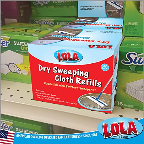 Lola Products Dry Sweeper Cloth Refills, Compatible With Swiffer & Other Sweepers, 2-Ply Material | Dusting Cloth | Traps Dirt, Dust, & Hair | Wood, Tile, & Vinyl Cleaner | 11 X 8.25 | 32 Count #TOP5