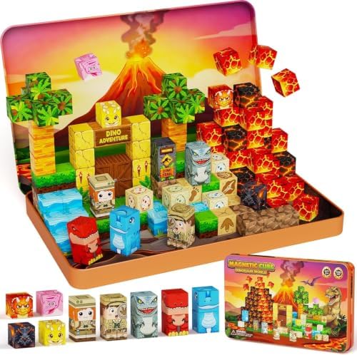 100 Dino Magnetische Bausteine Reiseset: 60 Min. Gruppenspaß für Jungen 3–6 | Metalldose – Spart 95 % Platz im Gepäck, 200+ Bauideen – leise Magnetwürfel Reisespielzeuge für Auto,