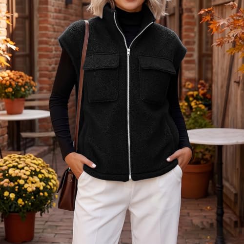 Womens Sherpa Fleece Utility Vest Zip Front Chest Pockets Casual Fall Layer - image 8