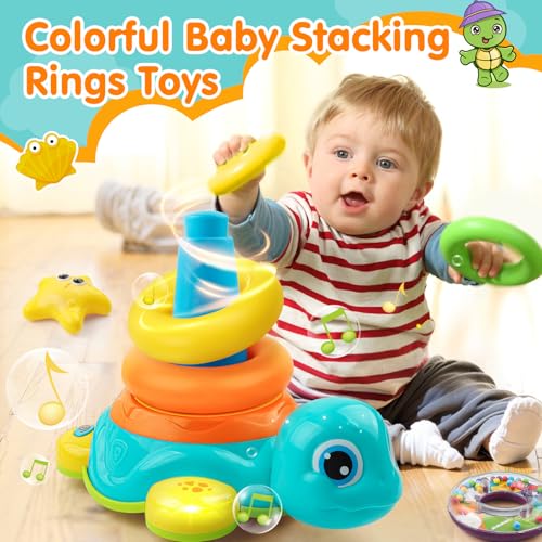 HUIYOKAY Baby Spielzeug ab 6 8 9 12 Monate Schildkröten Babyspielzeug ab 1 Jahr Musikalische Sensorikspielzeug mit Ringen Stapelturm Geschenk Kinderspielzeug ab 1 2 Jahre Junge Mädchen Weihnachten