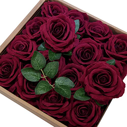 ETERNAL ANGEL Artificial Flowers Dark Red Fake Roses Real Looking Flannelette Flowers with Stem for DIY Arrangements Wedding Bouquets Centerpieces Bridal Shower Party Home Decorations- 16 Pcs