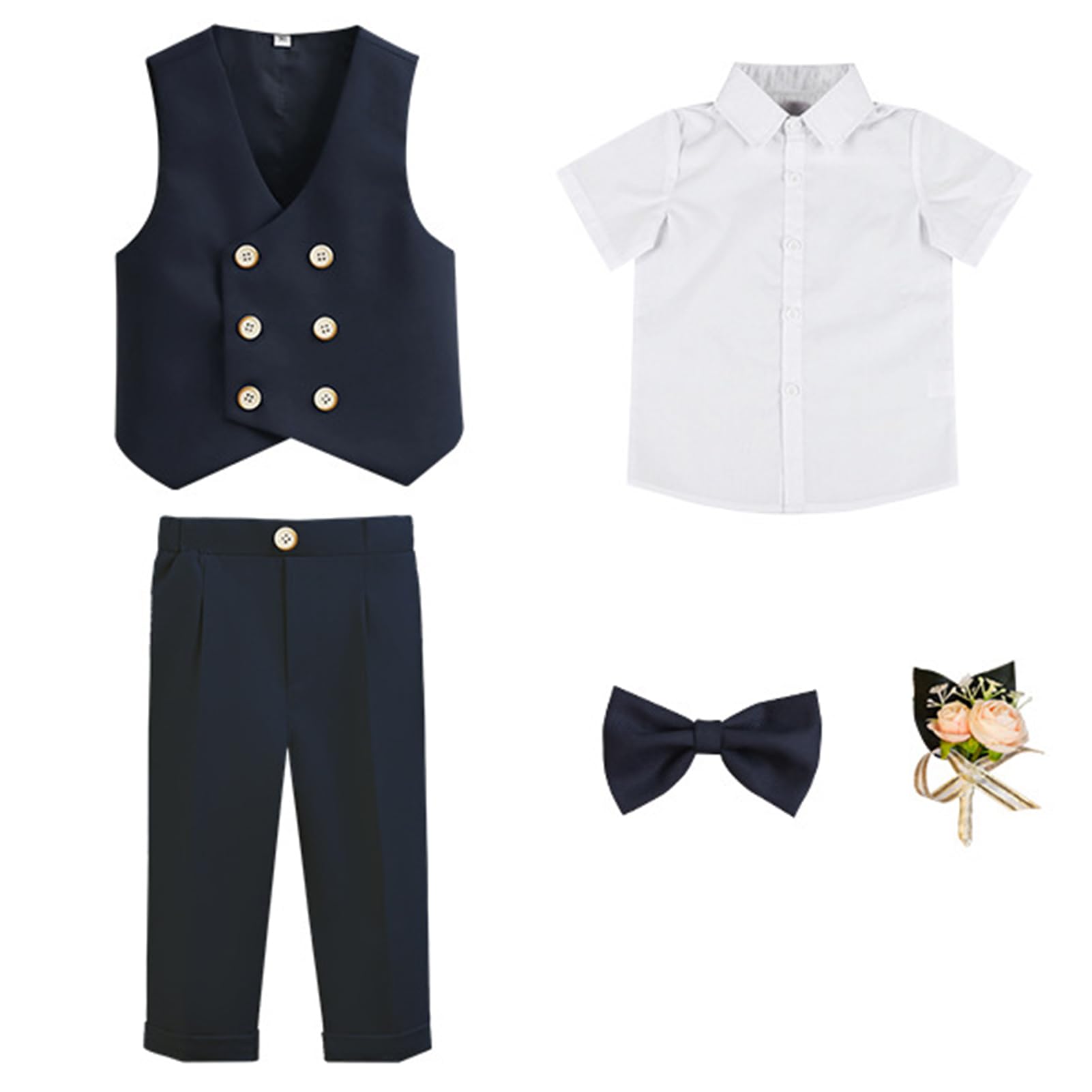 Enfant Garçon Gentleman Vêtements Ensemble 5 pièces Chemise + Gilet + Pantalon + Noeud Papillon + Broche Fleurie Ensemble Baptême Mariage Cérémonie