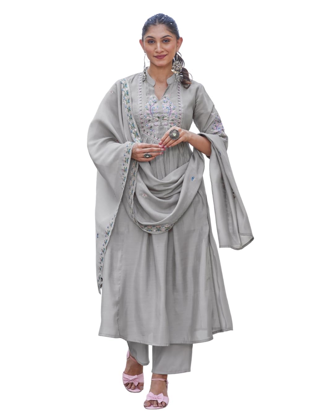 MAA KRUPA Women Mul Chanderi Hand Embroidery Thread Work Beads and Zardosi Kurti with Pant and Dupatta Set | Knee Length 3/4-picture-32