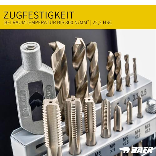 BAER Gewindeschneider Set M3 – M12 HSSG – 15-tlg. Gewindebohrer Set mit Kernlochbohrer & Windeisen - Profi Gewindeschneidsatz in Metallkassette - Gewindebohrer Satz
