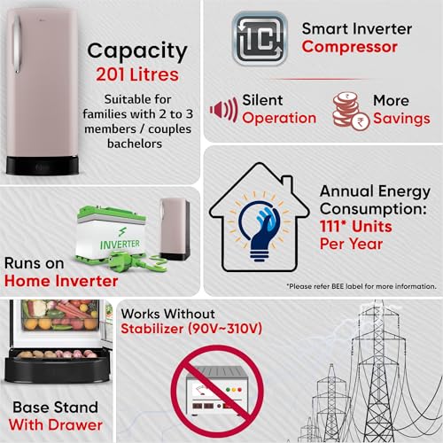 Image of LG 201 L, 5 Star, Smart Inverter, Direct Cool Single Door Refrigerator (GLD2156ZHCP, Clay Pink, Base stand with Drawer)
