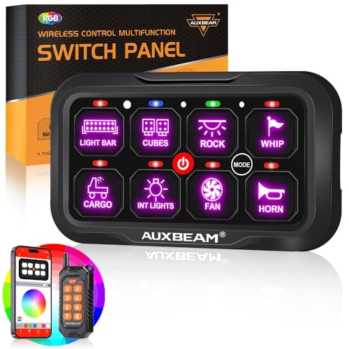 Auxbeam 8 Gang Switch Panel Bluetooth RGB AC-800 with APP&Remote Control Toggle Momentary Pulsed Switch Pod Off Backlight for Truck Offroad UTV ATV Car Marine 12-24V Waterproof 2 Years Warra
