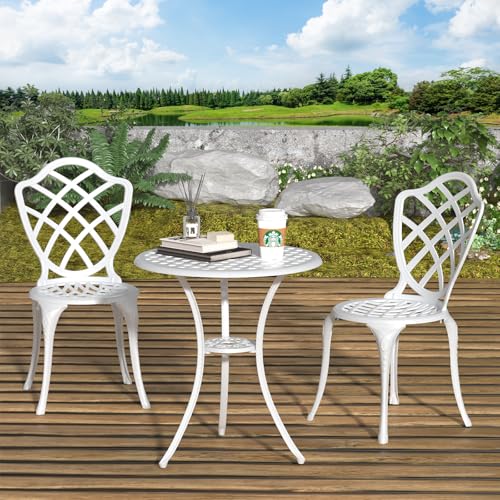 Z1UVDFUR 3 Piece Patio Bistro Set, Outdoor Bistro Table and Chairs Set of 2 w/Umbrella Hole, Rust-Resistant Cast Aluminum Bistro Set for Garden/Balcony/Backyard, White