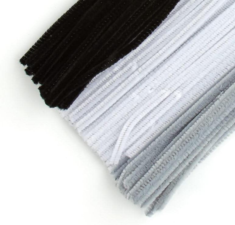 Pack of 300 Black White and Grey Pipe Cleaners. Fuzzy Stick Chenille Stems for Arts and Crafts Shapes, Flowers, Animals, Figures and More - Size: 12 Inches Long x 6 mm Dia.