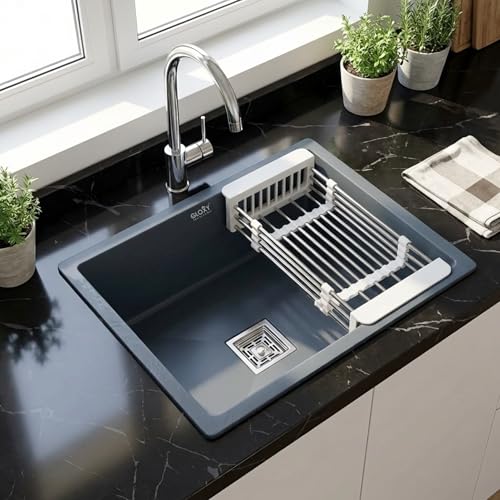 Image of Gloxy Premium Granite Quartz Kitchen Sink 16 inch x 18 inch x 9 inch - Grey Matte Finish Quartz Sink with Coupling Pipe and Drain Basket - Single Bowl Sink Undermount /Topmount Installation - 3 Years Warranty