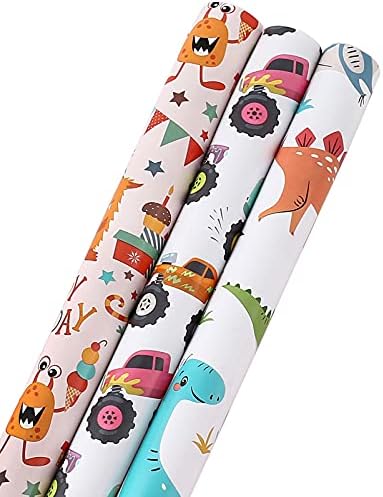 CAMKUZON Birthday Wrapping Paper Rolls for Kids Boys Girls Baby Shower Holiday - Cartoon Dinosaur, Monster Truck and Happy Party Designs Gift Wrap - Pack of 3, 17.7 Inch X 10 Feet Per Roll