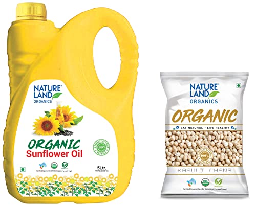 Image of Natureland Organics Sunflower Oil Jar, 5 L & Kabuli Chana /White Chana /Chole Pouch, 1 kg