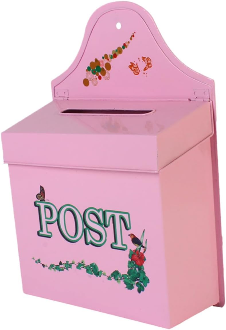 Uonlytech Vintage Wall Mount Mailbox, Retro Iron Decorative Mail Box Wall Mounted for Outdoor Use, Locking Farmhouse Style Post Box with Pink Finish for Home and Garden