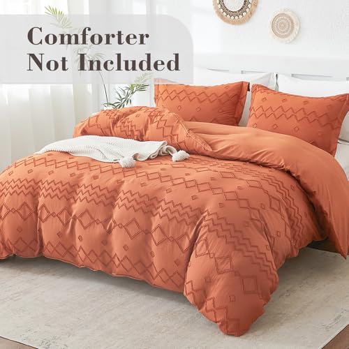 Image of EMME Boho Duvet Cover Twin Size Pumpkin - 2 Pieces Soft & Breathable Tufted Boho Shabby Chic Embroidery Bedding Set for All Seasons, 1 Duvet Cover with 1 Pillow Shams & Zipper Closure (Pumpkin, Twin)