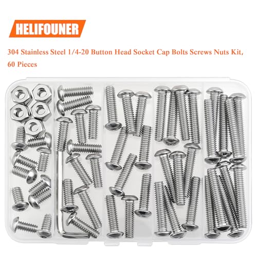 Image of HELIFOUNER 60 Pieces 1 /4-20 x 1 /2 inch 3 /4 inch 1 inch 1-1 /4 inch 1-1 /2 inch, Button Head Socket Cap Screws Bolts Nuts Kit, Coarse Thread, Fully Machine Threaded, 304 Stainless Steel