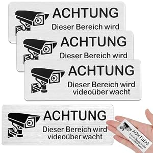 Achtung Videoüberwachung Schild, 4 Stück Aufkleber Videoüberwachung, Selbstklebend Schild Aluminium Kamera Überwachung für Innen und Außen(8.5x3 cm)
