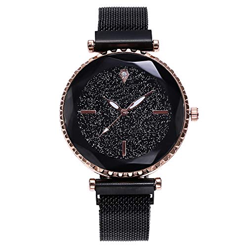 LK-HOME Damenuhr,Magnet Stein Schnalle Maschengürtel,Wilde Mode Armband Damenuhr ganztägig Zifferblatt Stern Quarzuhr, Geburtstagsgeschenk,Black Cover