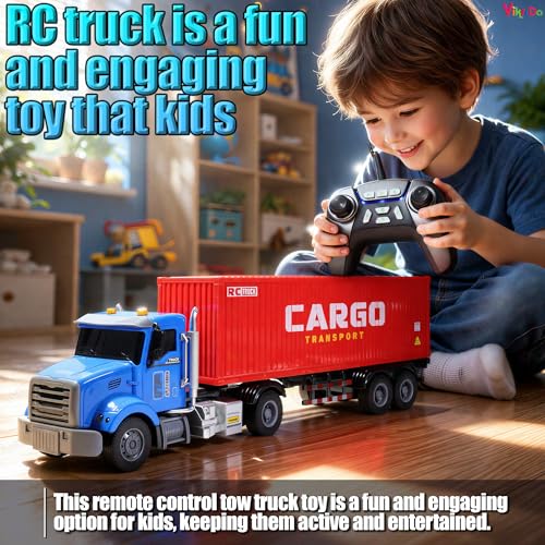 Image of VikriDA Remote Control Container Truck Toy for Kids, 2.4GHz RC Cargo Transport Truck with LED Lights & Sound Effects, USB Rechargeable Battery