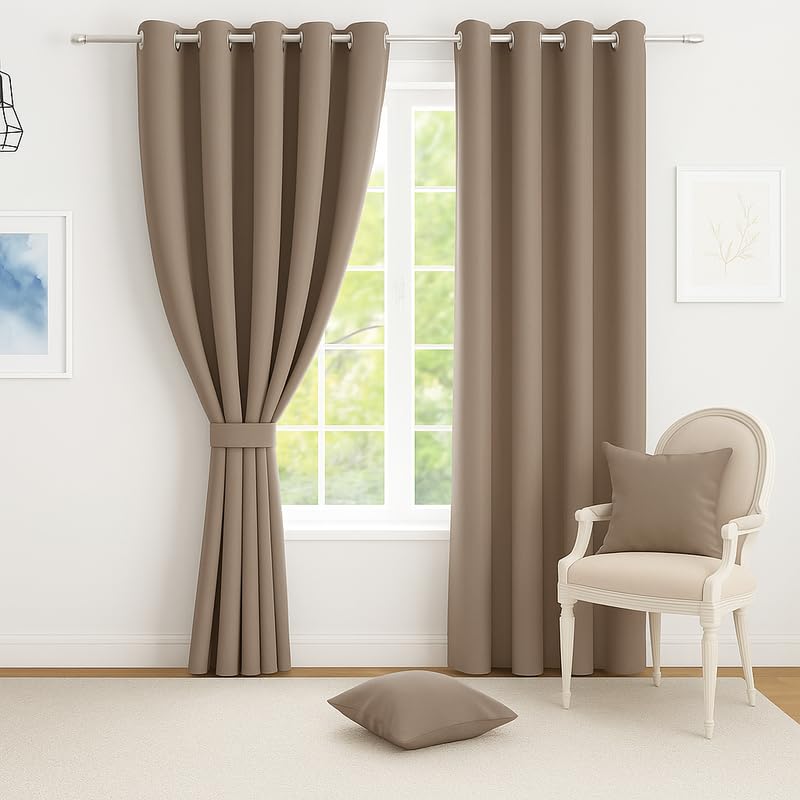Vendola Blackout Window Curtains 5 Feet Long Set of 2 Curtains with Tie Back, Parda Windows, Solid Curtains for Living Room, Bedroom, 80-85% Blackout (5 Feet, Wallnut Whisper, Beige Colour)
