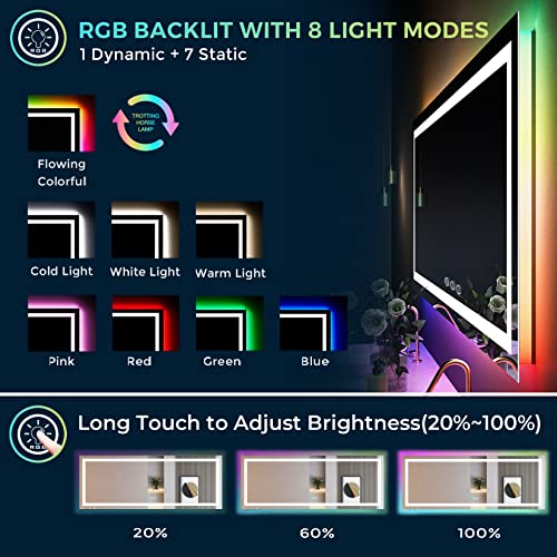 Image of 96x36 Inch RGB LED Bathroom Mirror Front Light and RGB Backlit Lighted Vanity Mirror for Bathroom Wall Mounted Dimmable Anti Fog Memory Shatter-Proof IP54 Waterproof Horizontal /Vertical