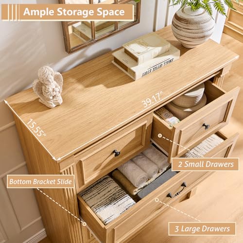 Image of 5 Drawers Dresser for Bedroom, Farmhouse 46 inch Tall Dressers & Chests of Drawers w /Roman Column, Wood Rustic Closet Dresser w /Two Different Drawer Sizes for Bedroom, Living Room, Natrual