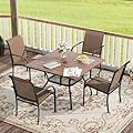 VICLLAX 5 Pieces Patio Dining Set, Outdoor Furniture Set Includes 37.8" Square Outdoor Table and 4 Stackable Patio Sling Chairs, Walnut Tabletop and Brown Fabric