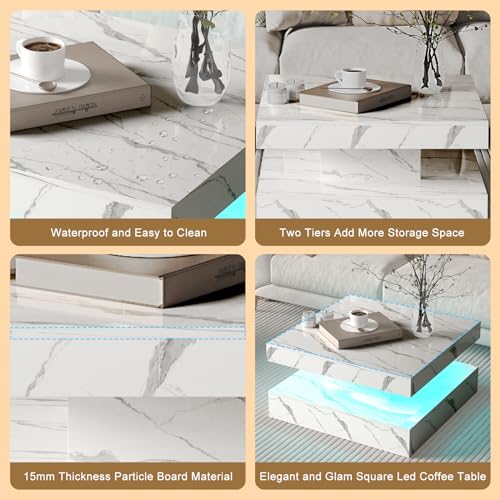 KEEPREAPER White Marble Square Coffee Table for Living Room, Modern Coffee Tables with Storage, LED Light Coffee Table 2-Tier Square Middle Center Table,Contemporary Wood Tea Tables for Dining - Image 7