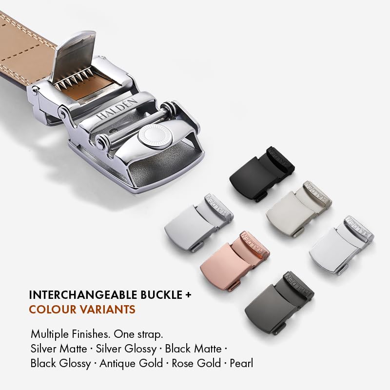 Image of HALDEN THEO Belt For Men Leather Original (Adjustable Fits Up to 44 Inch Waist) Ratchet Straps, Unique Magnetic Auto-lock Buckle Adjustable Belt For Men