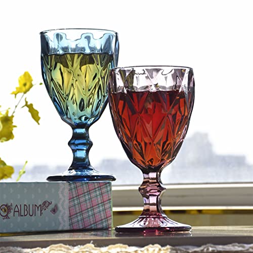 Soujoy Set Of 6 Colored Wine Glasses, 10Oz Vintage Glass Goblet With Stem, Romantic Diamond Pattern Embossed Drinkware For Party, Wedding #TOP3
