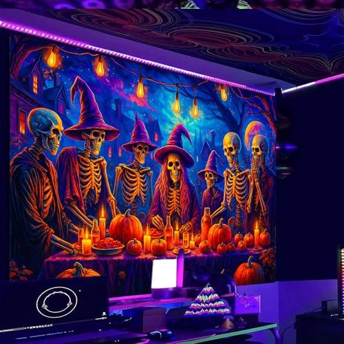 Image of Nuxovilar Skeleton Dinner Wall Tapestry Polyester 78.74x59.05 In | Glow Poster Trippy Wall Art Holiday Decor UV Backdrop Living Room Bedroom Lounge Space Room (Skeleton Dinner)