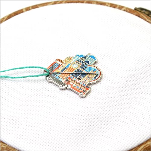 Image of Awesome Pattern Studio Needle Minder Set - London Magnetic Needle Minder + 2 Needle Threaders + Crane Scissors. Enamel Pin for Cross Stitch, Embroidery and Craft