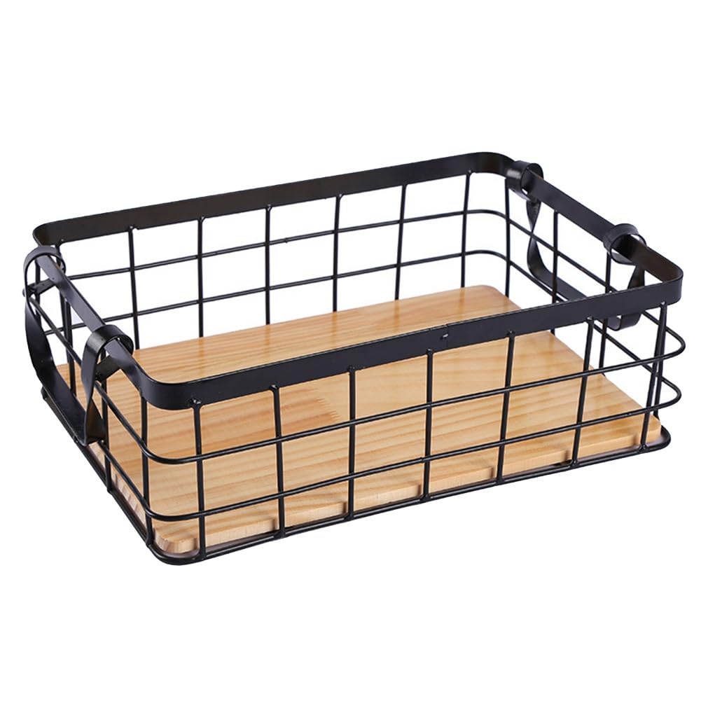 Bloepum Double-Ear Rectangular Kitchen Storage Basket Handle Basket Wrought Iron Basket Solid Wood Bottom Fruit Basket