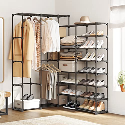 Unitstage Portable Closet Wardrobe Freestanding Closet Organizer With Shoe Rack For Hanging Clothes 77.4X11.8X66 Inches For Bedroom Living Room With Plastic Connectors Rubber Hammer Black #TOP2