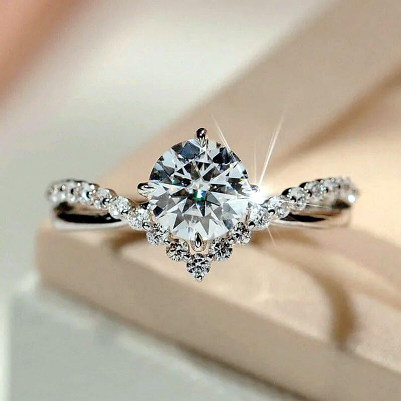 925 Sterling Silver Promise Ring Engagement Proposal Wedding Ring Fashion Four Claw Crown V Ring Princess Imitation Moissanite Ring Cocktail Ring Round Cut Cubic Zirconia Wedding Promise Ring?8?