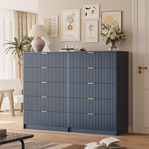 Image of MAISONARIA 5 Drawer Dresser for Bedroom, Tall Dresser Chest of Drawers with Gold Handles, 32 Inch Wide Nightstand with for Bedroom, Living Rooms, Offices, and Entryways, Navy Blue