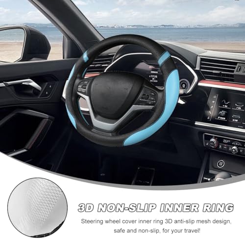 Image of Car Steering Wheel Cover, 15 Inch Premium Leather Breathable Non-Slip Wheels Wrap, Universal Auto Comfortable Steering Wheel Protector for SUV Truck Van, Car Accessories (Blue)