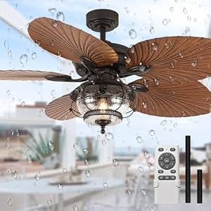 TIFEROR 52 Patio Ceiling Fans with Lights and Remote IP65 Waterproof Tropical Palm Island Outdoor Ceiling Fan for Gazebo Pergola Canopy Porch Bulb not included