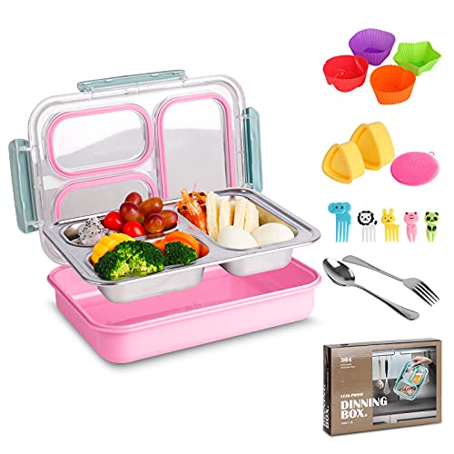 ALVBELLS Bento Box for Kids/ Adults, Stainless Steel Bento Box Adult Lunch Box Containers with Utensils, Leak-Proof Bento Lunch Box for Kids for Meals On-The-Go, Dishwasher Safe, BPA-Free (PINK)