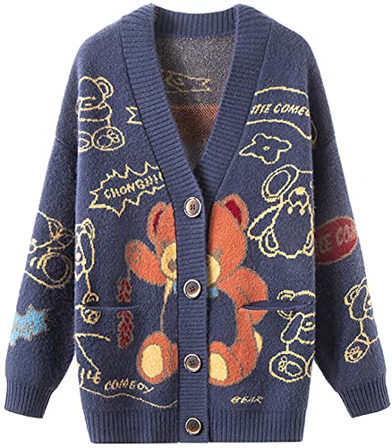 ebossy Women's Cute Cartoon Bear Embroidery Slouchy Jacquard Knit Cardigans Lightweight Wool Blend Sweater Jacket